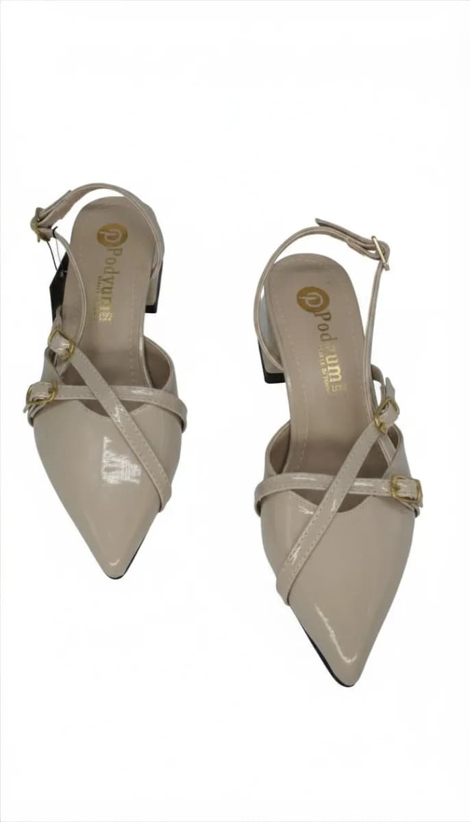 Kadın Bej Rugan Çapraz Şeritli Alçak Kalın Topuklu Slingback Ayakkabı - görsel 3